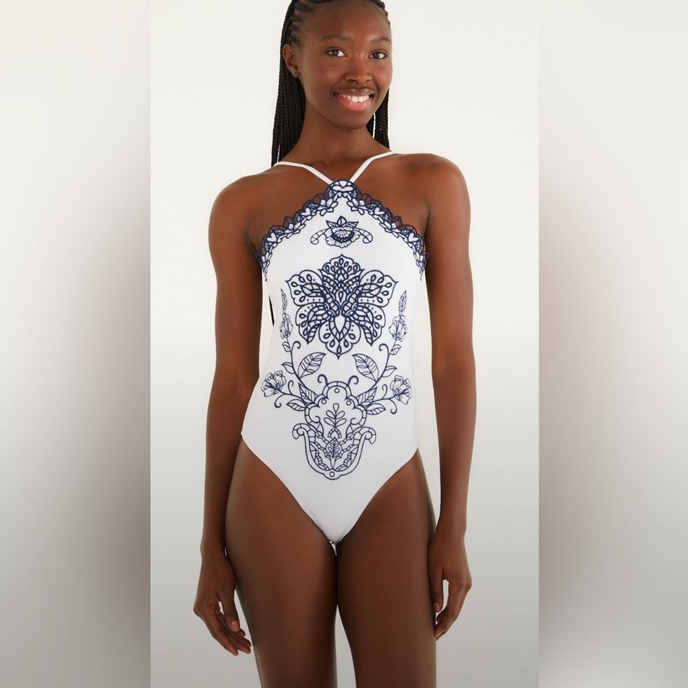 Farm Rio White Richelieu embroidered swimsuit
